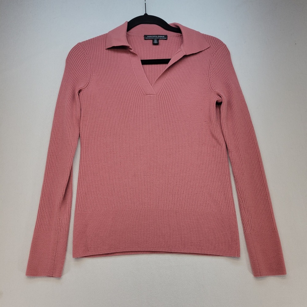 Saks Fifth Avenue Sweater Womens XS Pink‎ Ribbed Merino Wool Blend Polo V-Neck